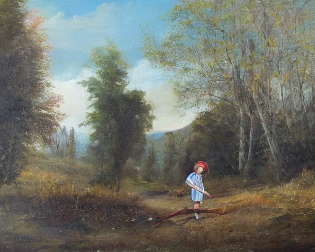 Image similar to landscape portrait of a girl chopping a hickory tree with an axe, autumn mountains, original oil on canvas painting by william sydney mount, trending on artstation