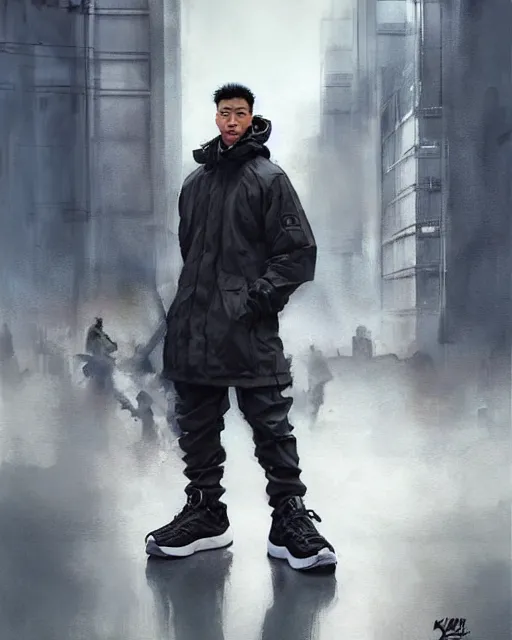 Prompt: battle hardened, overpowering, pragmatic, charismatic character male handsome muscular wearing acg parka and nike acg air mowabb sneakers, portrait, confident, modern cityscape, outdoors, architecture, fog, sunny, volumetric lighting, illustration, perfectly shaded, cold lights soft painting, art by krenz cushart and wenjun lin