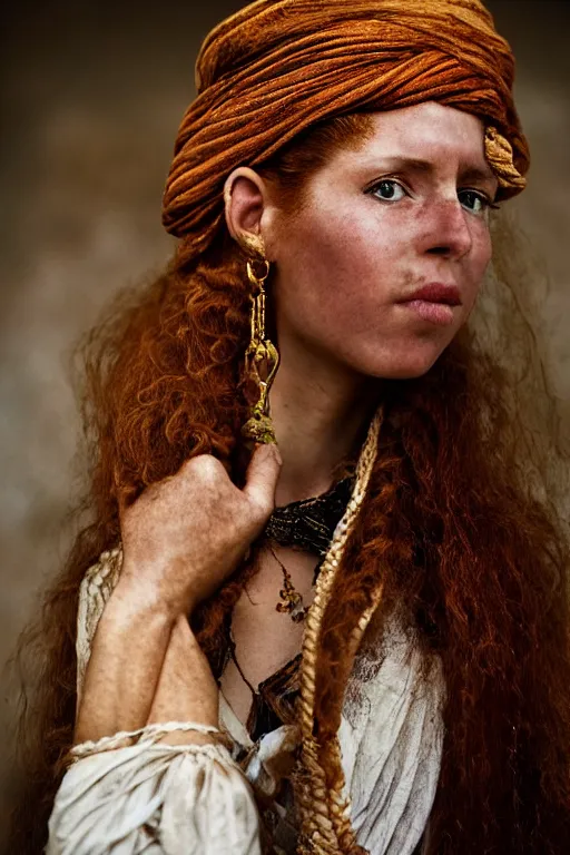 Prompt: 18th Century Barbary Coast pirate beautiful female model with amazing Ginger hair and Golden hooped earrings photography by Steve McCurry