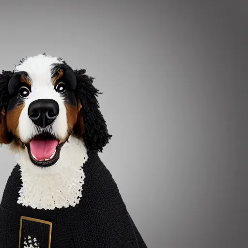 Image similar to a closeup photorealistic photograph of a cute smiling knitted bernedoodle judge dog dressed in a black gown, presiding over the courthouse. indoors, professional capture, well lit shot. this 4 k hd image is trending on artstation, featured on behance, well - rendered, extra crisp, features intricate detail, epic composition and the style of unreal engine.