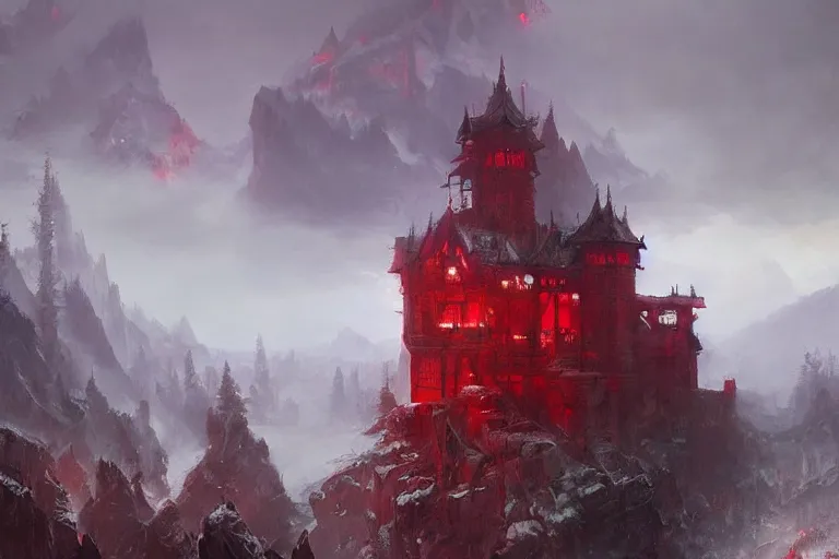 Prompt: A red castle with forested mountains in the background, oil painting, detailed, high fantasy, soft lighting, by Ruan Jia and Mandy Jurgens