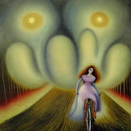 Image similar to by remedios varos, a long haired woman riding a bicycle towards a giant candle in the distance, oil painting, met collection, high resolution