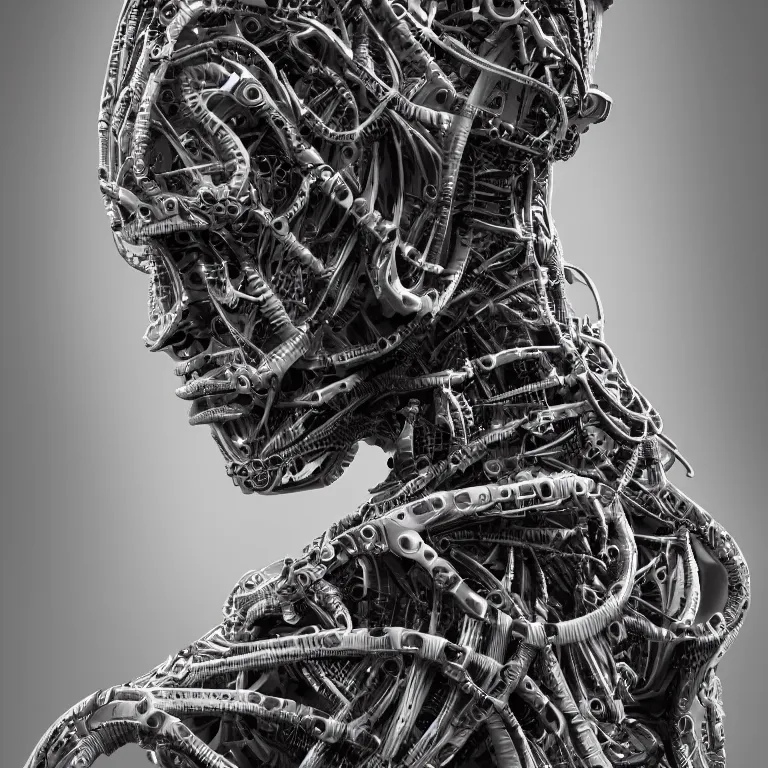 Image similar to surreal biomechanical spinal ribbed tribal exotic organic man face portrait of mechanical cyborg, beautiful detailed intricate insanely detailed BW 3D render digital art, octane render, 8K artistic photography, photorealistic