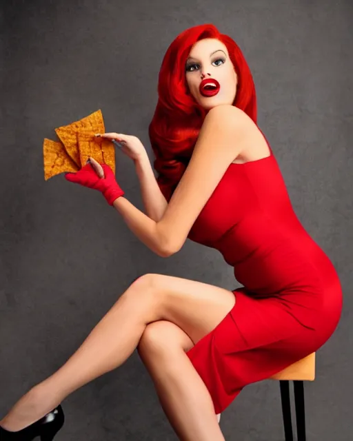 Image similar to Jessica Rabbit wearing red dress eating a bag of Doritos, sitting on a chair, photograph