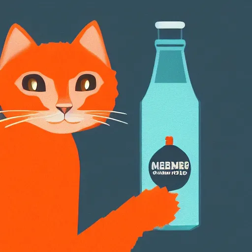 Image similar to a cat standing next to a bottle of medicine. orange cat. animal. digital art. artstation. illustration. wide image.