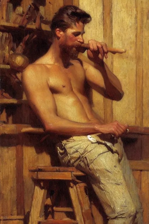 Prompt: gorgeous male whittling a wooden figure, alsace, painting by gaston bussiere, craig mullins, j. c. leyendecker