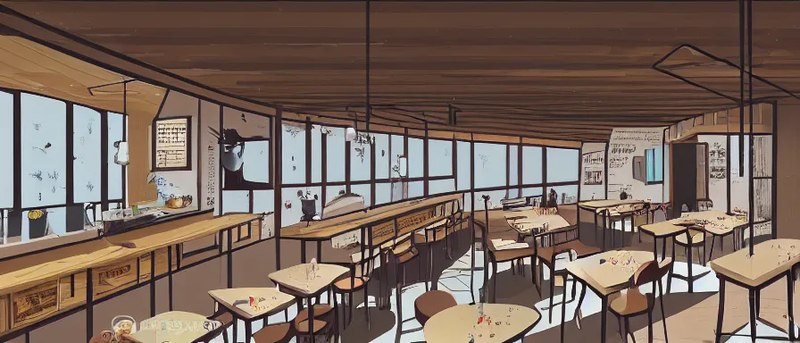 Image similar to a beautiful interior view illustration of a small roasted string hotpot restaurant of baota mountain in yan'an city, animation illustrative style, from china, restaurant wall paper is a high tower on a mountain, rectangle white porcelain table, black chair, simple style structure decoration design, victo ngai, james jean, 4 k hd