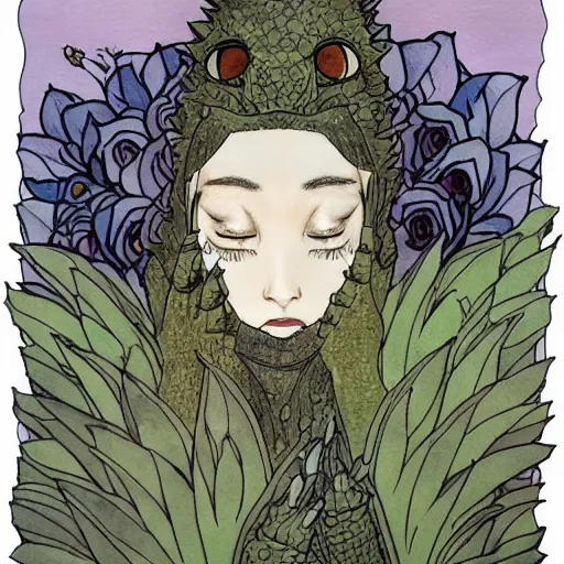 Image similar to godzilla smelling flowers, in the style of chiara bautista, mucha