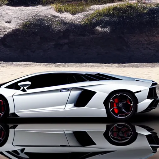 Image similar to A beautiful silver Lamborghini aventador on the beach, 8k, realistic reflection