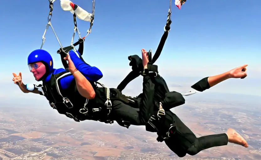 Prompt: close up on a skydiver with muscles. plane in the background