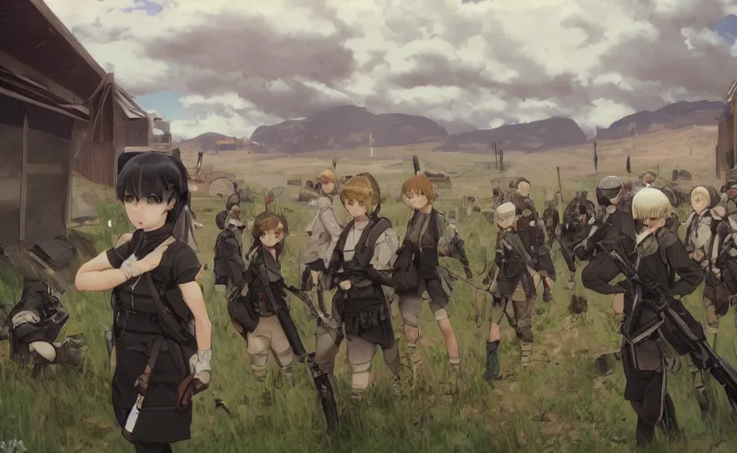 Prompt: panoramic view, girl, soldier clothing, battlefield in background, anime style, short hair, hair down, googles, symmetrical facial features, from arknights, hyper realistic, 4 k, extreme detail, detailed drawing, trending artstation, safebooru, realistic lighting, by alphonse mucha, greg rutkowski, anime eyes, sharp focus