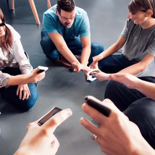 Image similar to a group of adults playing games on their phones while sitting in circle, unreal engine