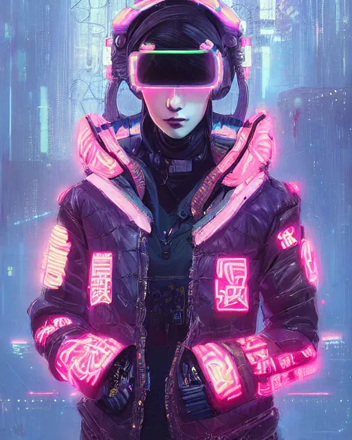 Image similar to detailed portrait Neon Operator Girl cyberpunk futuristic neon Reflective puffy coat, decorated with traditional japanese ornaments by ismail inceoglu dragan bibin hans thoma greg rutkowski Alexandros Pyromallis Nekro Rene Margitte illustrated Perfect face, fine details, realistic shaded, fine-face, pretty face