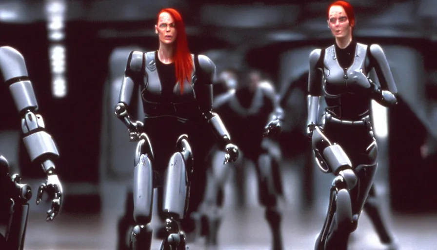 Image similar to The matrix, LeeLoo, Starship Troopers, Clarice Starling, Sprinters in a race with a clear winner, robotic legs, The Olympics footage, intimate shot, cinematic stillframe, shot by Roger Deakins, The fifth element, vintage robotics, formula 1, starring Geena Davis, sports photography, clean lighting