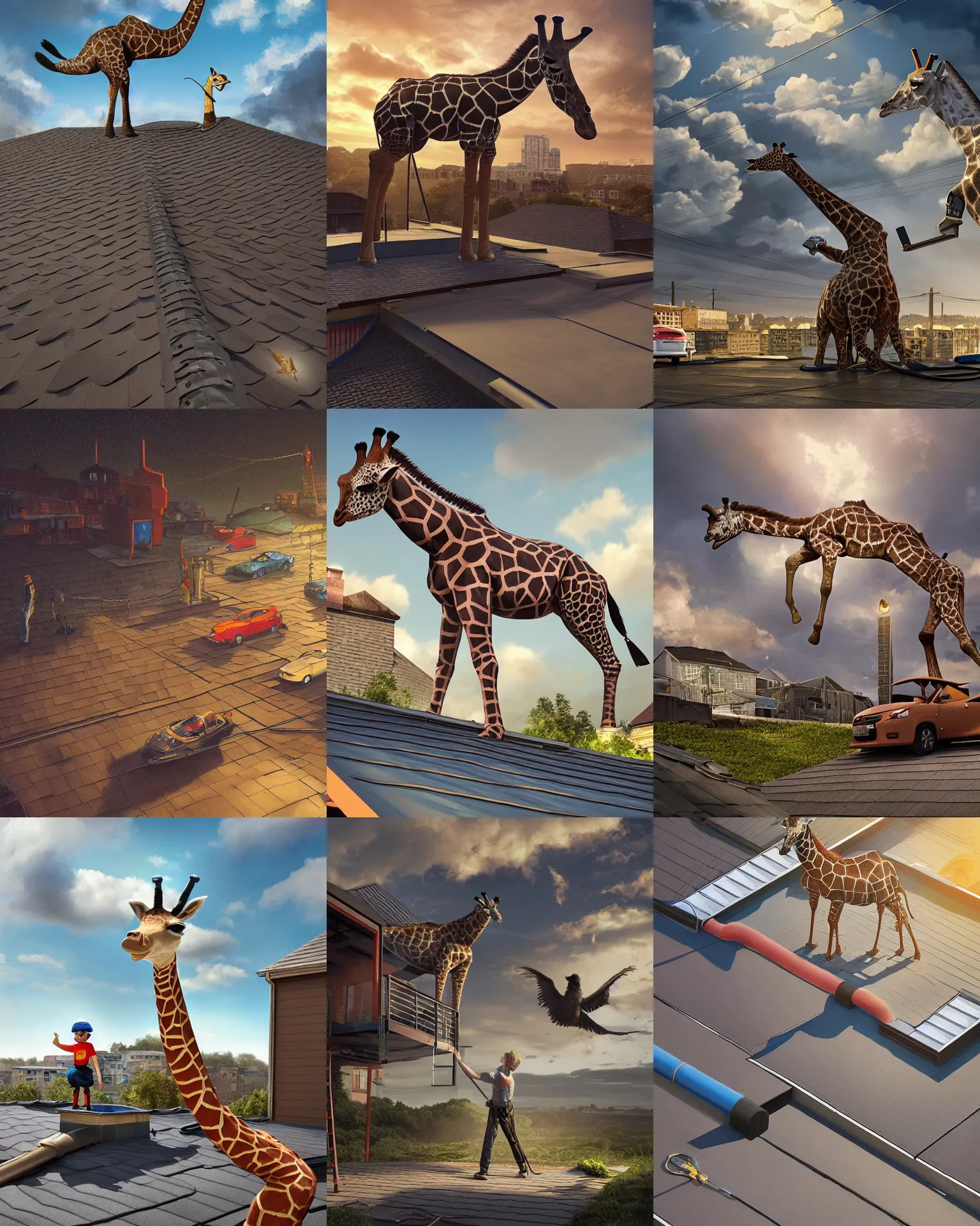 Prompt: rubber flat roofing installation services on garage roof halifax, kids fantasy drawing, a giraffe standing on the roof, intricate, epic lighting, cinematic composition, hyper realistic, 8 k resolution, unreal engine 5, by artgerm, tooth wu, dan mumford, beeple, wlop, rossdraws, james jean, marc simonetti, artstation