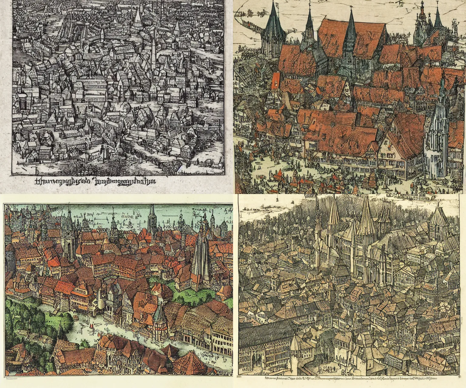 Prompt: a coloured woodcut of nuremberg from the nuremberg chronicle by michael wolgemut, albrecht durer, low - angle view, coloured woodcut