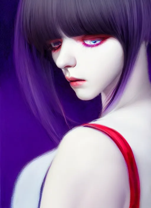 Image similar to hair whitebangs hair, black hair, blackbangswhitehair, portrait of teenage girl with white bangs, red irises, purple clothes, white bangs, bangs are different color from hair, intricate, elegant, glowing lights, highly detailed, digital painting, artstation, concept art, sharp focus, illustration, art by wlop, mars ravelo and greg rutkowski