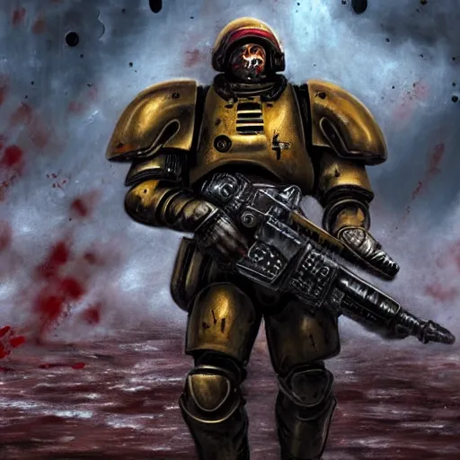 Image similar to heavy armor soldier wearing space marine like armor but in real life, walking in a river of blood full of human bloody dead bodies and human parts, shooting with his gun, explosions in background, painting style