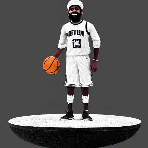 Prompt: Kyrie Irving standing on the moon holding a flat basketball, 4k, ultra realistic, trending on artstation, masterpiece