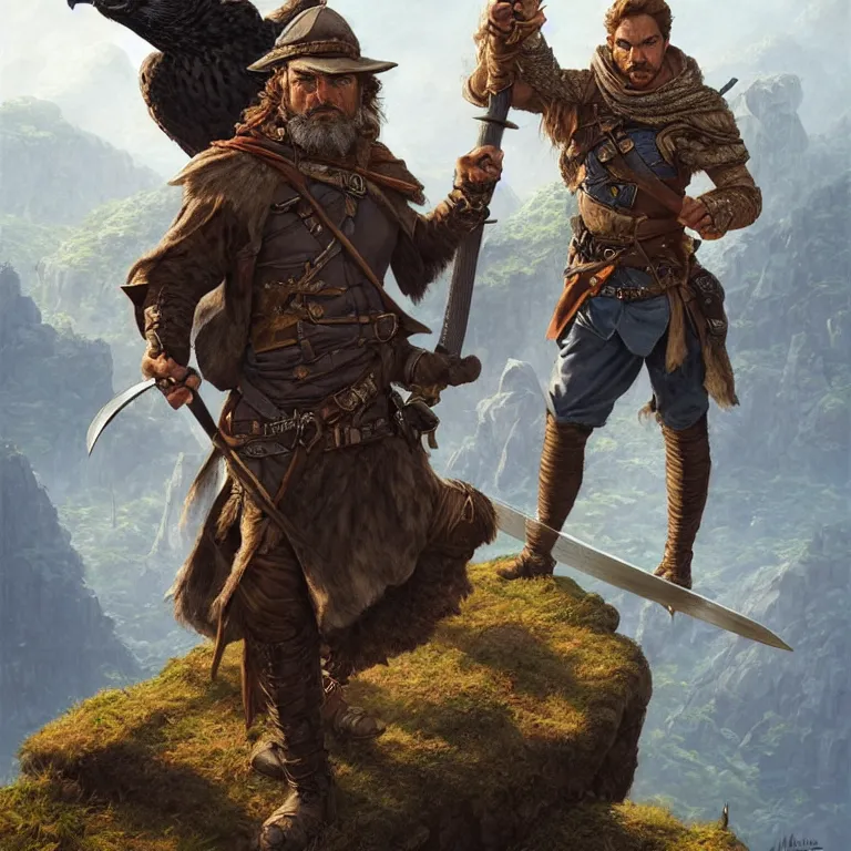 Prompt: middle age ranger with rugged expresions falcon pet on his sholder holding a long sword, top a cliff observing old ruins of a castle, elegant clothing, photorealistic render, matte patining, highly detailed, artstation, smooth, sharp focus, art by michael whelan, artgerm, greg rutkowski