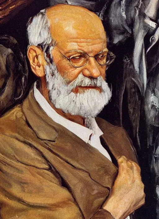 Image similar to portrait in oil of sigmund freud, by lucian freud