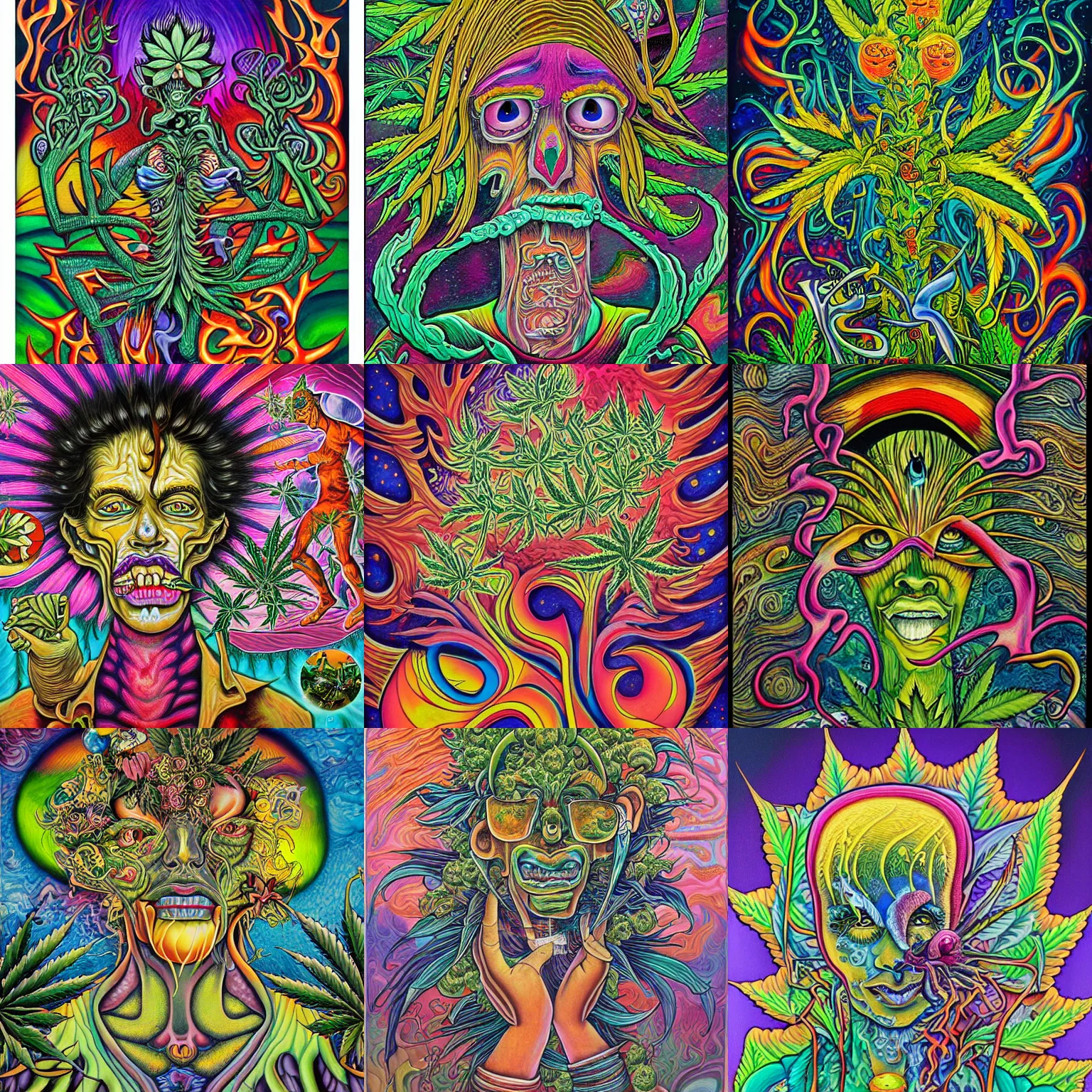 Prompt: Cannabis painting by aaron brooks, chris dyer, android jones, and alex grey