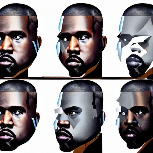 Image similar to a photo of kanye west looking into a shattered mirror with different versions of him splitting in the mirror, 8 k concept art, first person, 3 d, detailed faces, melancholy, calm, nostalgic