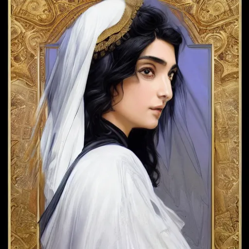 Prompt: Ameera al-Taweel, blue eyes, wavy black hair, white veil, highly detailed, digital painting, artstation, concept art, smooth, sharp focus, illustration, ArtStation, art by artgerm and greg rutkowski and alphonse mucha and J. C. Leyendecker and Edmund Blair Leighton and Katsuhiro Otomo and Geof Darrow and Phil hale and Ashley wood and Ilya repin and Charlie Bowater