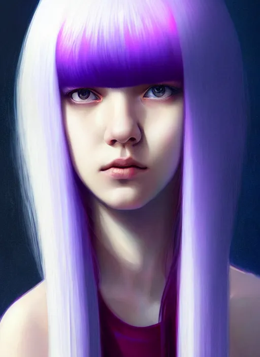 Image similar to hair whitebangs hair, black hair, whitebangs, portrait of teenage girl with white bangs, red irises, purple clothes, white bangs, bangs are different color from hair, intricate, elegant, glowing lights, highly detailed, digital painting, artstation, concept art, smooth, sharp focus, illustration, art by wlop, mars ravelo and greg rutkowski