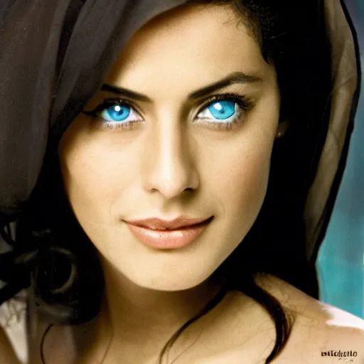 Image similar to young Monica Belluci as an Arab woman, tanned skintone, bright blue eyes, white veil, light blue top portrait