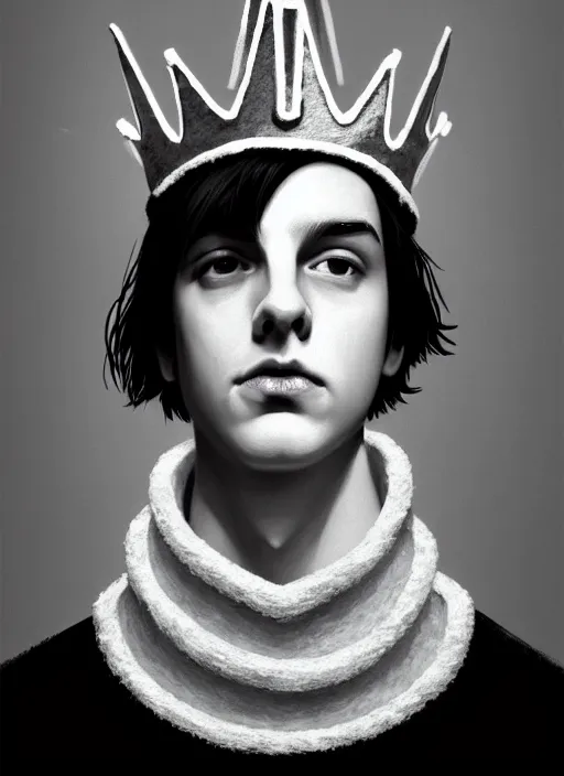 Image similar to portrait of teenage jughead jones wearing a light grey crown, photorealistic, crown made of fabric, crown, crown made of felt, black hair, intricate, elegant, highly detailed, digital painting, glowing lights, artstation, concept art, smooth, sharp focus, illustration, art by wlop, mars ravelo and greg rutkowski