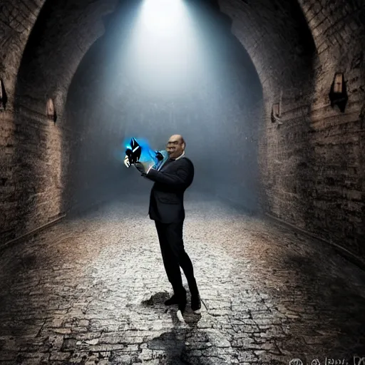 Image similar to duarte edwardo in his dark cellar reaching for his favourite aged champagne, sharp detailed face, hyper realistic, dslr photography, global illumination, radiant lighting, clear image, intricate environment