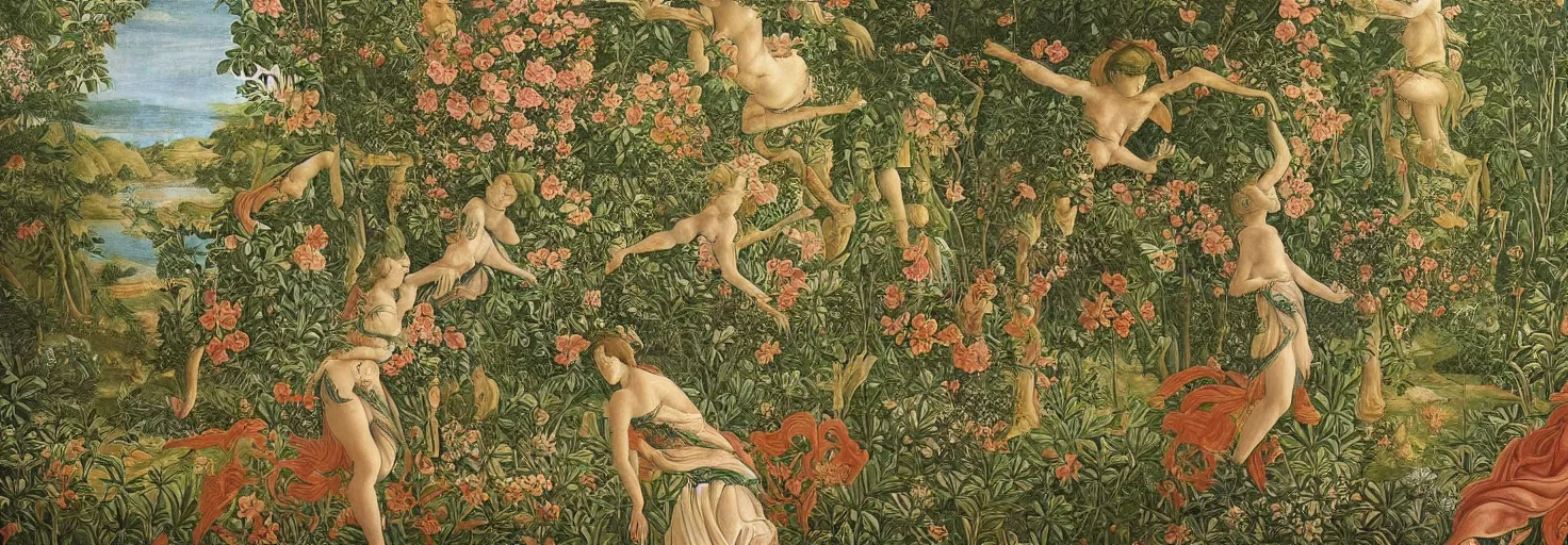 Prompt: beautiful patterned mural depicting a lush floral oasis in a beautiful alien planet, intricate painting, highly detailed, masterful, fantasy world, in the style of sandro botticelli, caravaggio, albrecth durer