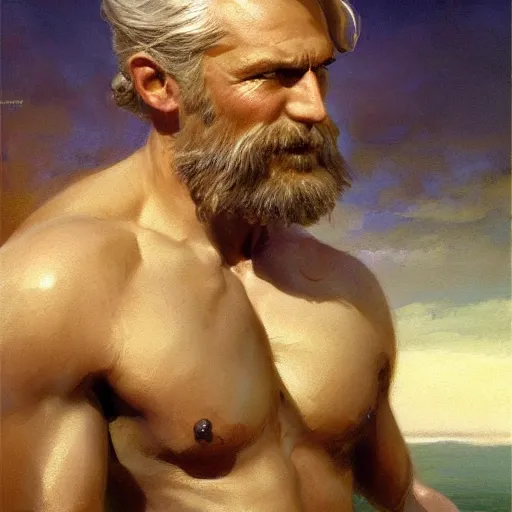 Image similar to detailed cinematic wide shot of muscular attractive masculine sea captain man beard slim face symettrical face clean skin blue eyes white hair, ultra realistic, spring light, painting by gaston bussiere, craig mullins, j. c. leyendecker