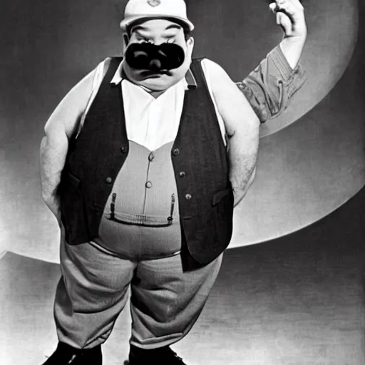 Image similar to live-action-Wario-hollywood movie casting, played by Oliver-Hardy, posing for poster photography