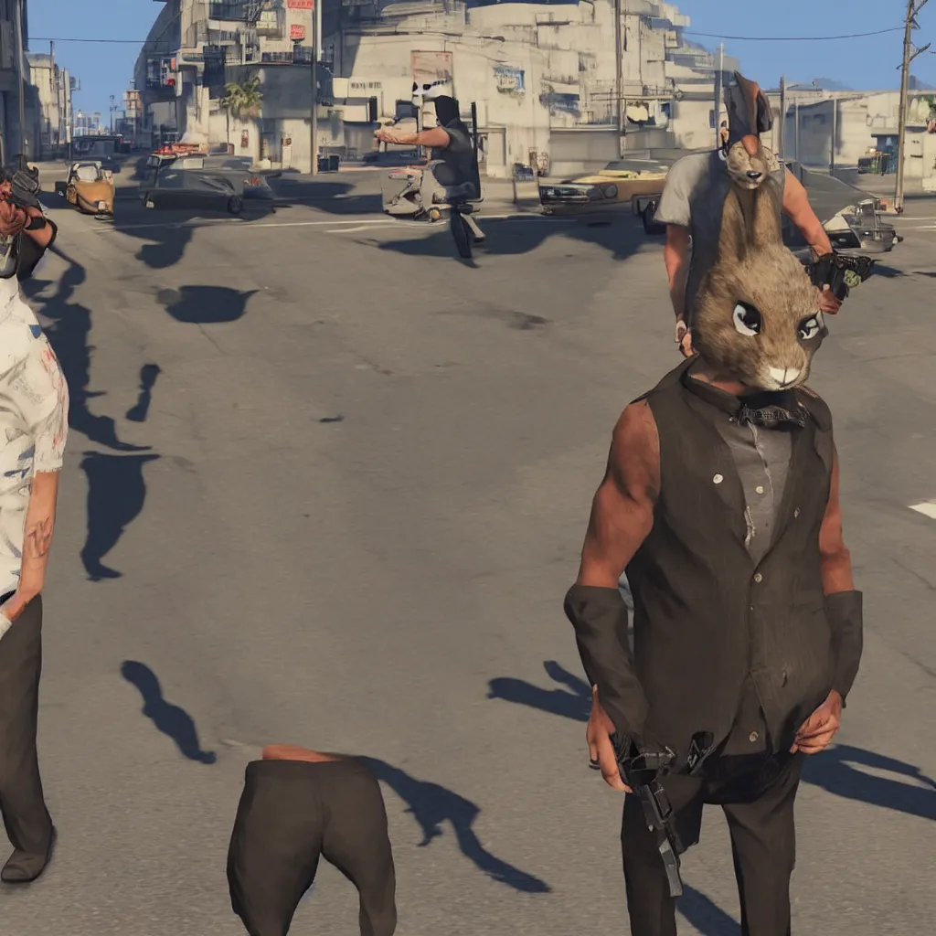 Prompt: gangster man wearing rabbit mask in GTA V