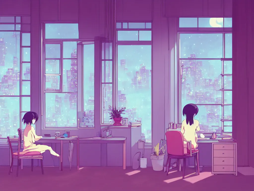 Image similar to beautiful illustration of a lonely female in her studio apartment sitting at her computer desk which is in front of a window which looks out to a futuristic city at night, japan, anime manga style, neon pastel, in the style of ghibli and hayao miyazaki and satoshi kon and shinichiro watanabe and makoto shinkai