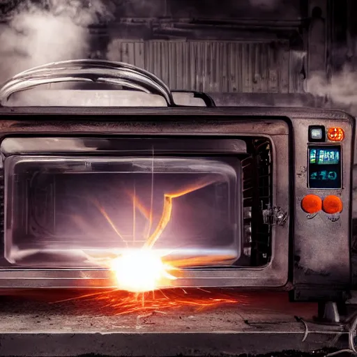 Image similar to cyborg toaster oven repairman, dark messy smoke - filled cluttered workshop, dark, dramatic lighting, orange tint, sparks, plasma rays, cinematic, highly detailed, sci - fi, futuristic, movie still, rule of thirds composition