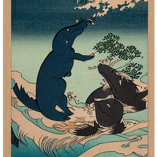 Image similar to animated platypus laughing and holding phone, Hokusai