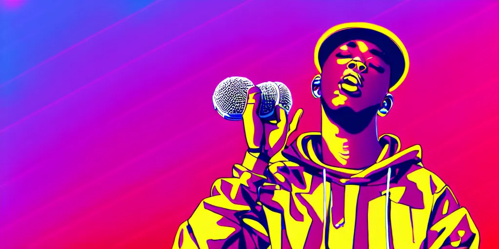 Image similar to rapper performing at huge festival holding microphone, epic angle, digital art, vaporwave, psychedelic, surreal, hip hop, trending on Artstation, professional artist, detailed, 4k