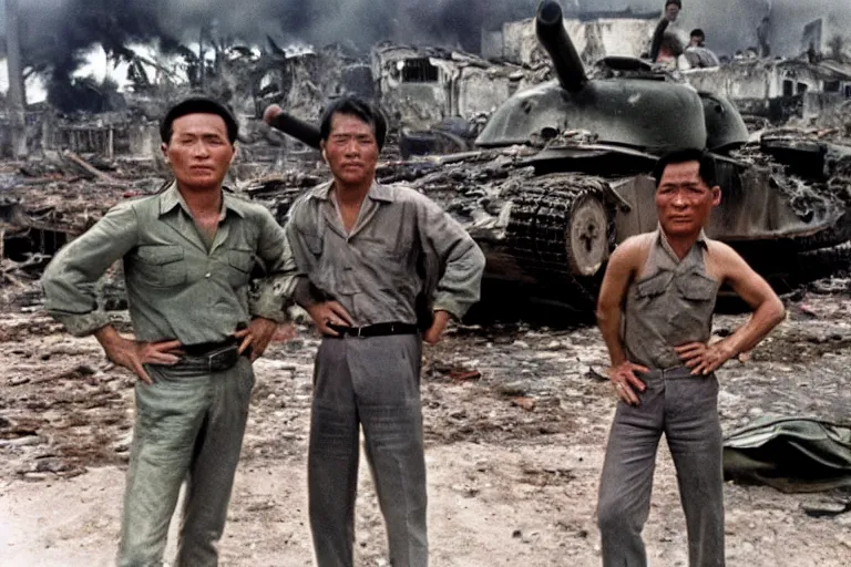 Image similar to a photo of a two mans posing in front of tank in destroyed vietnamese city, us journalism ministry photo, 1 9 6 9, color photo, perfect faces, fine details, fim still