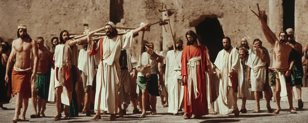 Image similar to jesus being led to the cross made of spaghetti, ancient rome, architectural, minimal, canon 5 0 mm, wes anderson film, kodachrome, retro