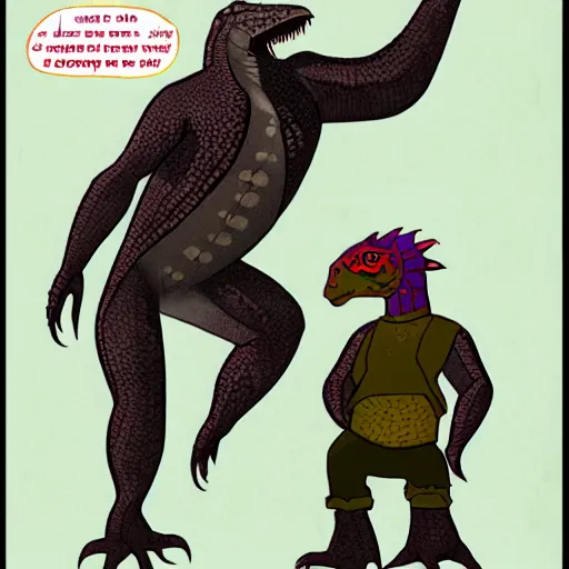 Prompt: a large lizard man that guards a dangerous criminal who has a dislocated jaw, character design