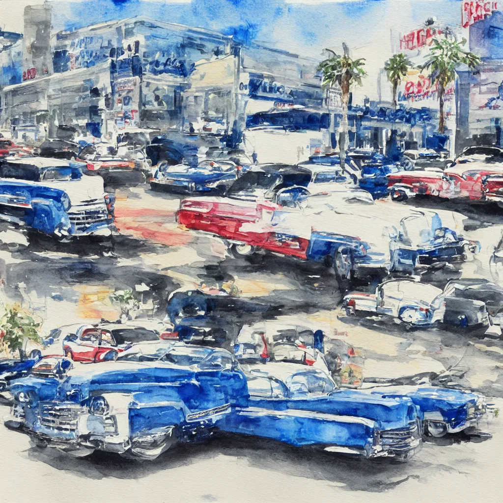 Image similar to 2 cadillacs, 1 blue and 1 white, parked in front of a 7 - 1 1 in downtown los angeles, vintage watercolor painting