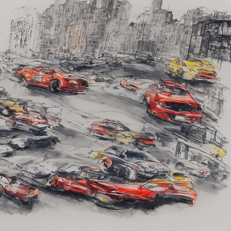 Image similar to a detailed watercolor sketch of cars racing in new york city