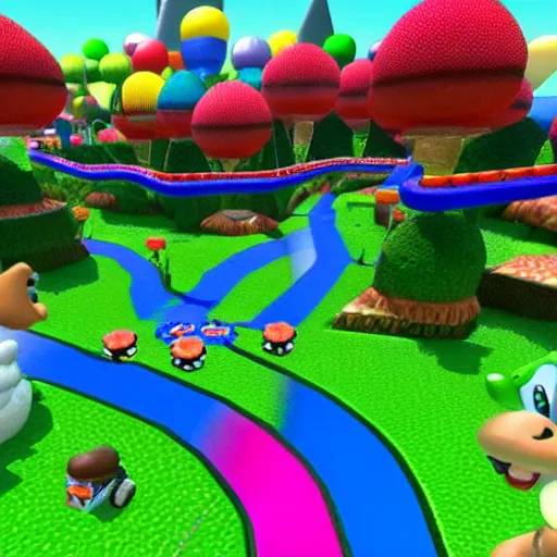 Prompt: A Mario Kart Double Dash Custom Track in Daisy Garden.