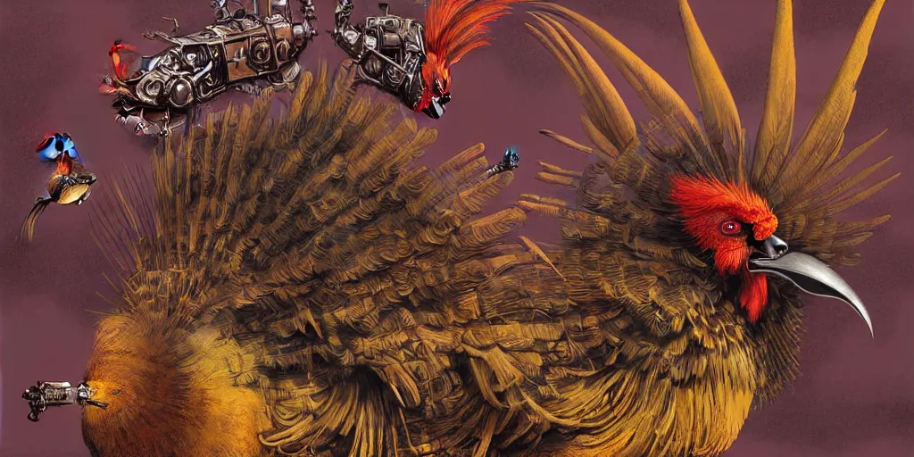 Prompt: digital painting of angry mechanical roosters fighting, by wayne barlowe and bob pepper and karl wilhelm de hamilton, dieselpunk, steampunk, highly detailed, intricate, sharp focus, portrait, talons, anatomy, beak, wings