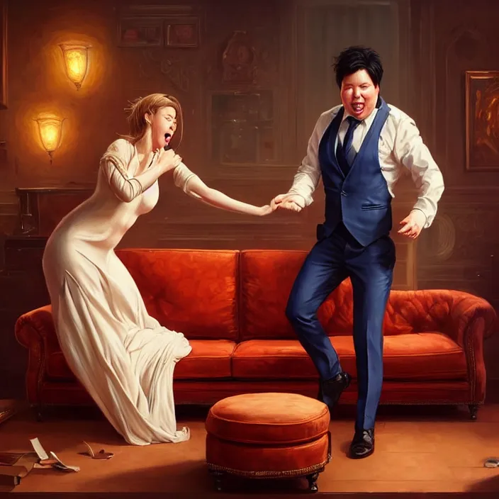 Image similar to portrait of michael mcintyre leaving on a sofa with a singing waitress, elegant, real life skin, intricate artwork, high detailed, artstation, concept art, smooth, sharpz focus, art by artgerm and greg rutkowski