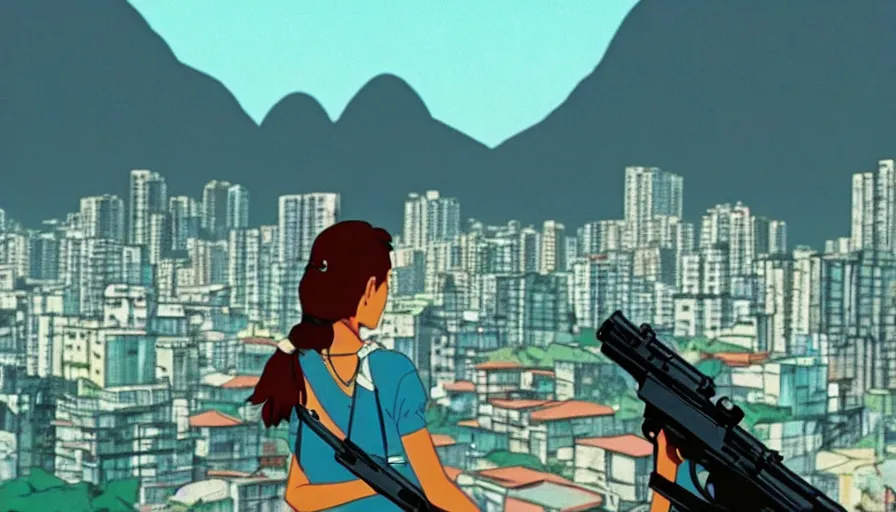 Prompt: 1 9 8 6 movie screencap of a girl with a gun on a rio de janeiro, gucci clothes, studio ghibli sky, beautiful favela background extremely utra high quality artwork 8 k