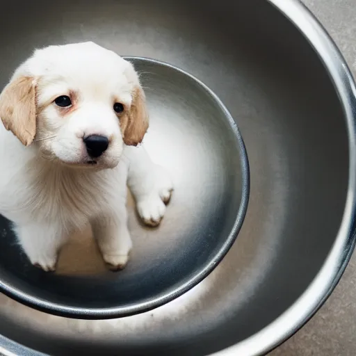 Prompt: puppy sitting in a small metal saucepan, photography, minimalistic, 8 k